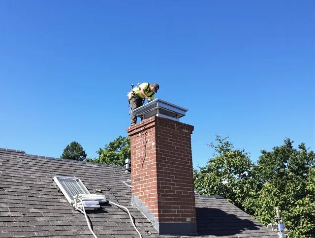 Colchester Chimney Sweep technician measuring a chimney cap in Colchester, CT