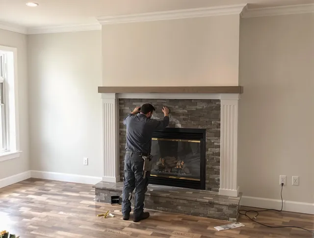 Colchester Chimney Sweep finishing a custom fireplace install in Colchester, CT